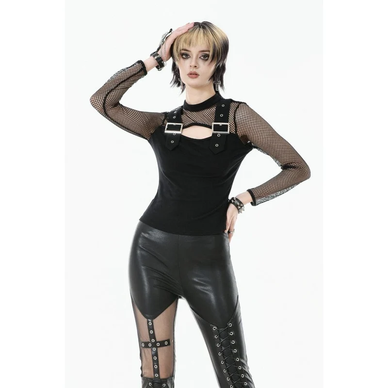 Damen Punk Cut-out Mesh Splice Top mit Schnallenriemen