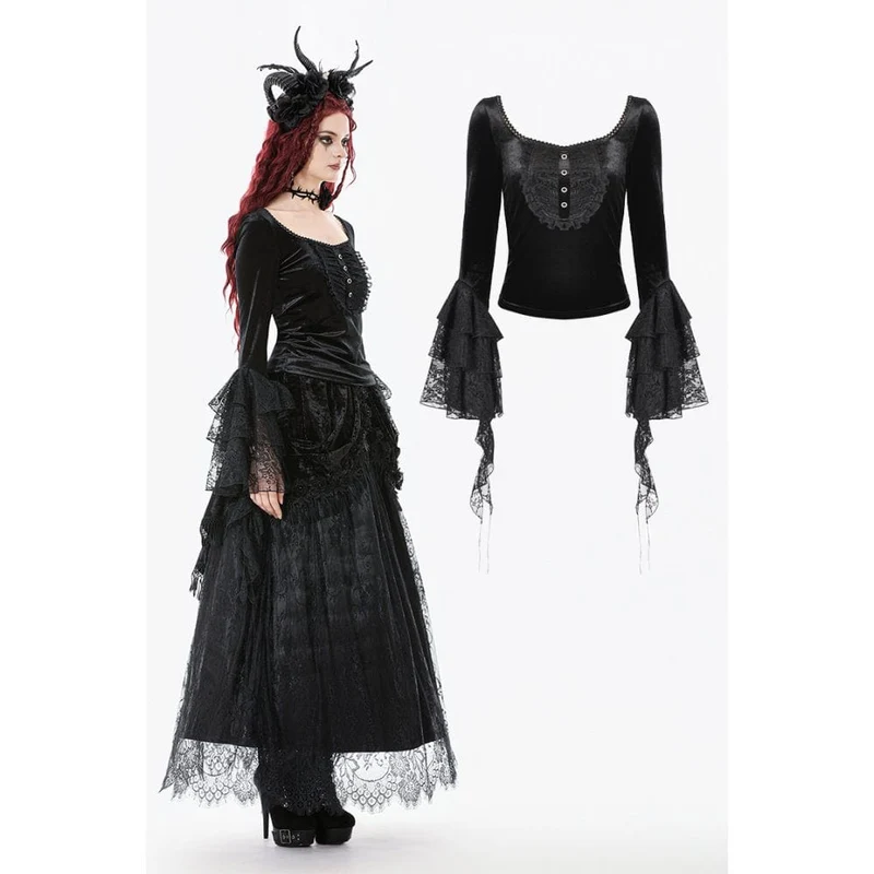 Gothic-Oberteil aus Samt mit quadratischem Kragen und ausgestellten Ärmeln für Damen