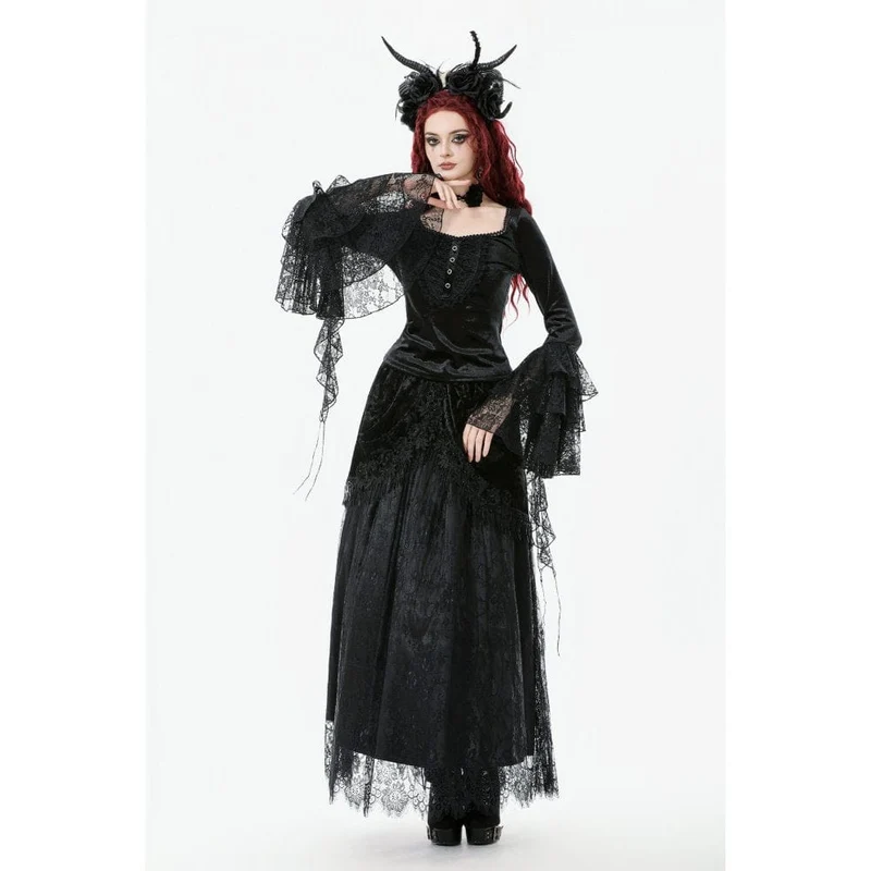 Gothic-Oberteil aus Samt mit quadratischem Kragen und ausgestellten Ärmeln für Damen