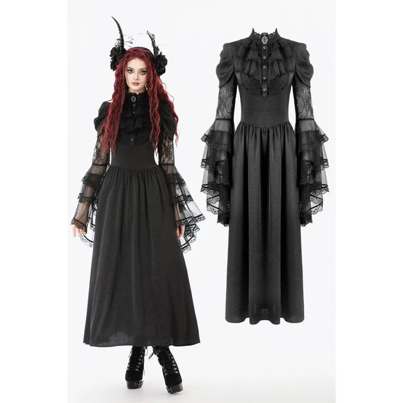 Gothic-Brautkleid für Damen mit Stehkragen, Rüschen, ausgestellten Ärmeln und Mesh-Einsätzen