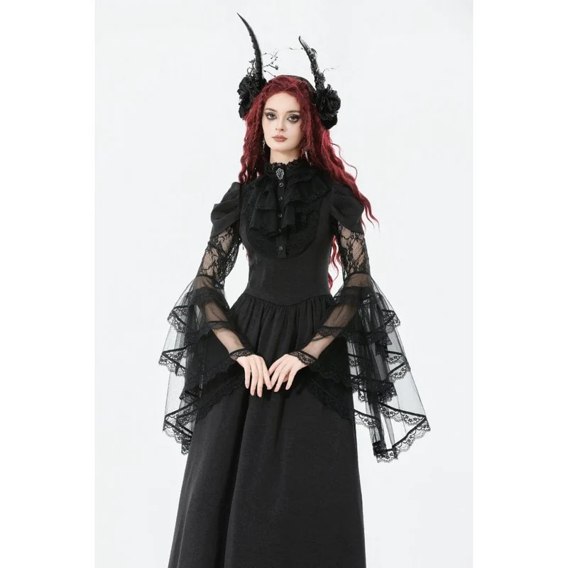Gothic-Brautkleid für Damen mit Stehkragen, Rüschen, ausgestellten Ärmeln und Mesh-Einsätzen