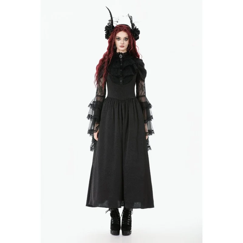 Gothic-Brautkleid für Damen mit Stehkragen, Rüschen, ausgestellten Ärmeln und Mesh-Einsätzen