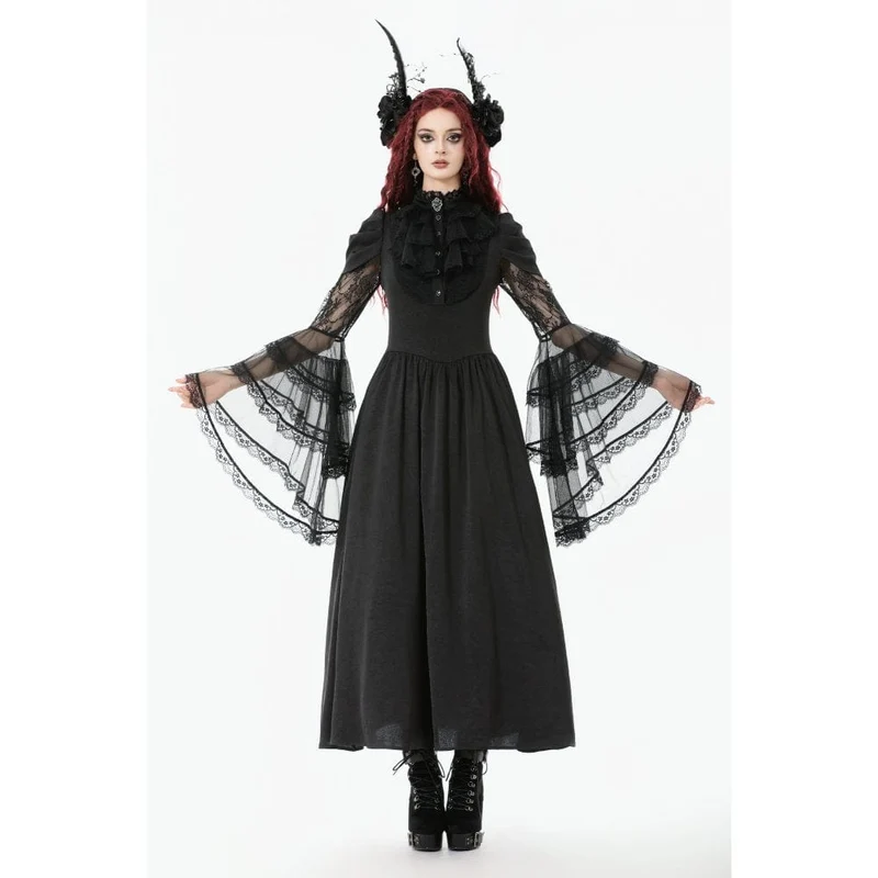 Gothic-Brautkleid für Damen mit Stehkragen, Rüschen, ausgestellten Ärmeln und Mesh-Einsätzen