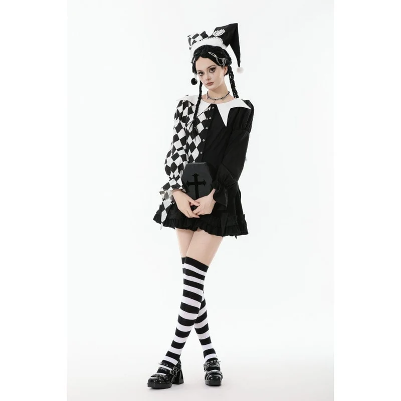 Gothic-Langarmhemd mit Rautenmuster und Kontrastfarbe für Damen
