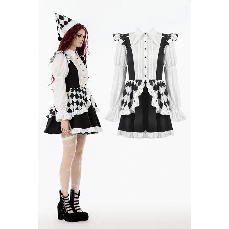 Gothic-Kleid mit Harlekin-Puffärmeln in Kontrastfarbe für Damen
