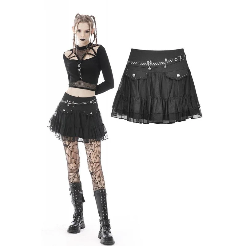 Damen Punk Skull Mesh Splice Falbala Rock
