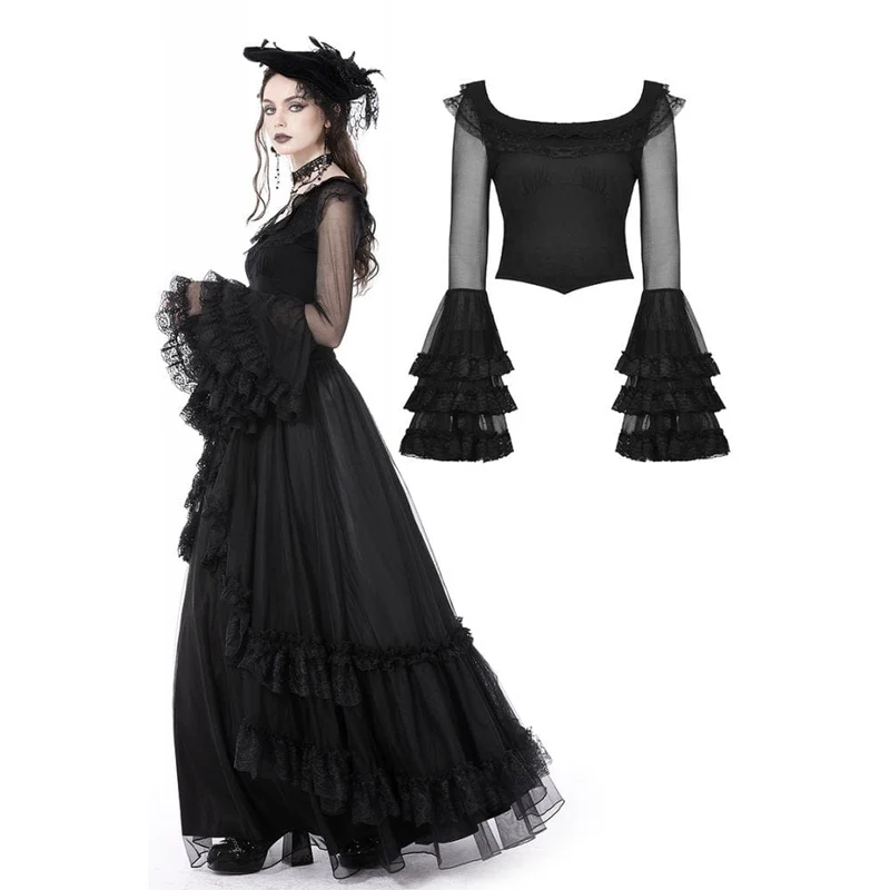DIL Damen Gothic-Shirt mit ausgestellten Ärmeln und Netzstoff