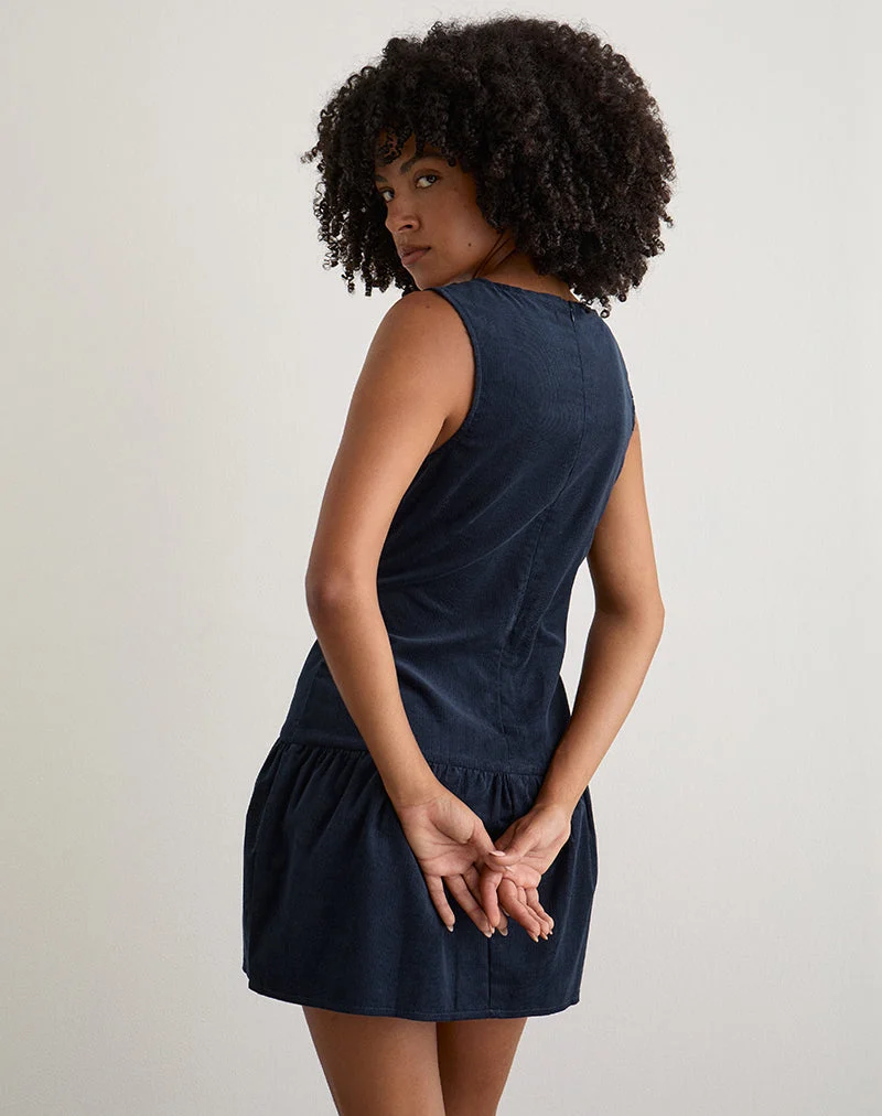 Sarabi Mini-Kleid mit tiefem Rückenausschnitt in Cord Navy