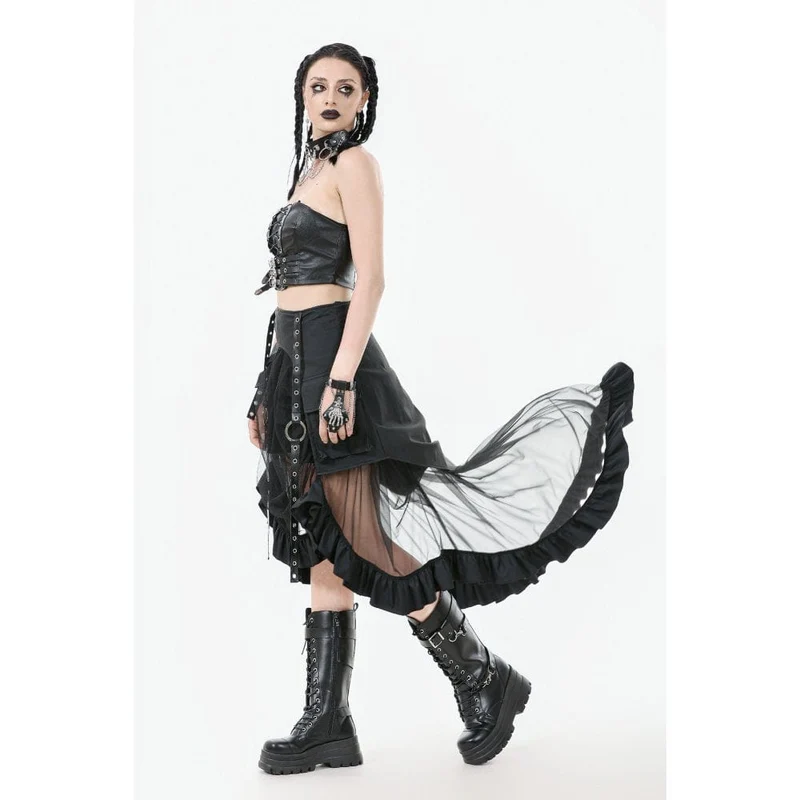 Punk-Rock aus Kunstleder mit mehrlagigen Trägern und hohem/niedrigem Netzstoff für Damen