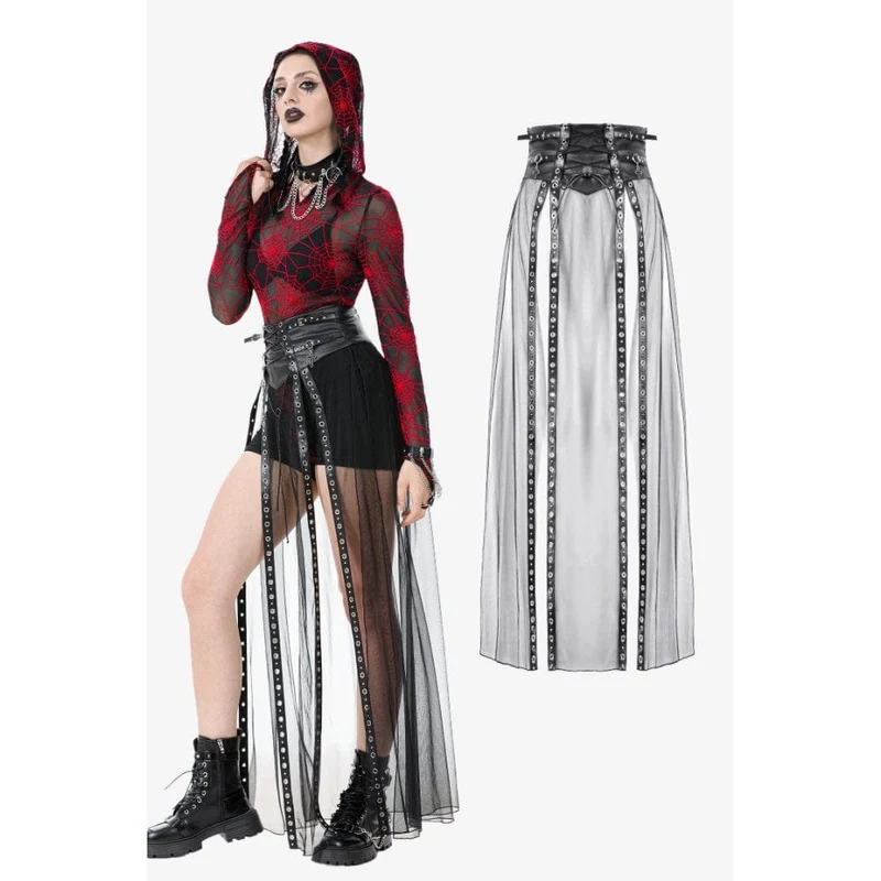Punk-Maxirock mit hoher Taille und Trägern aus Kunstleder und transparentem Netzstoff für Damen