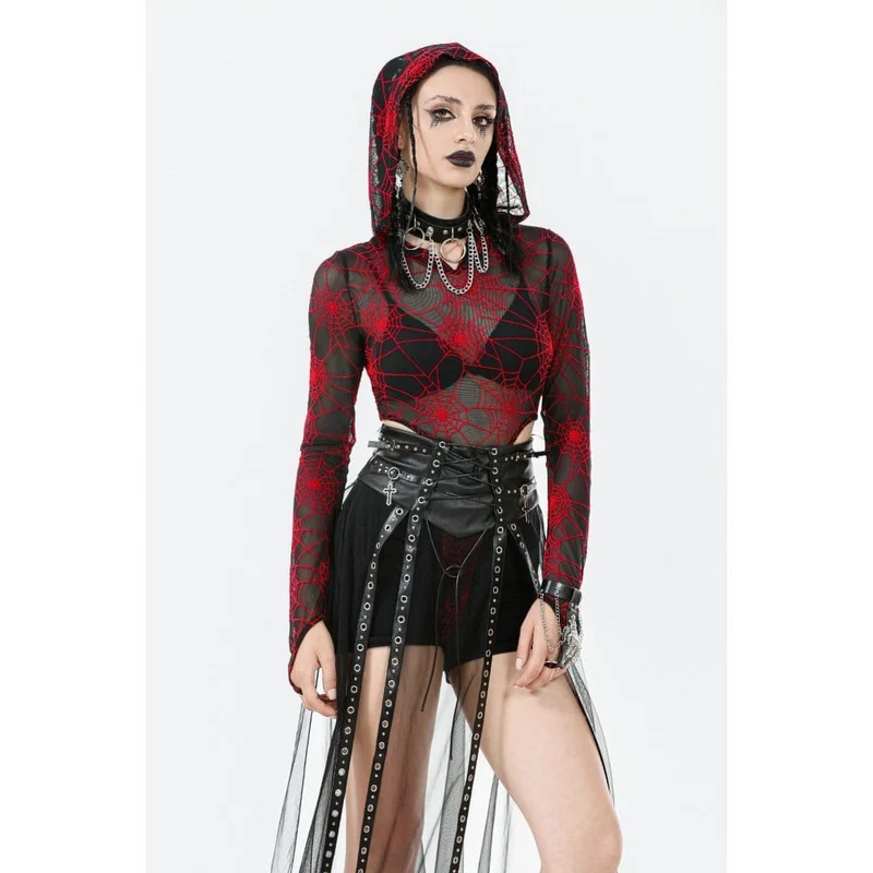 Punk-Maxirock mit hoher Taille und Trägern aus Kunstleder und transparentem Netzstoff für Damen