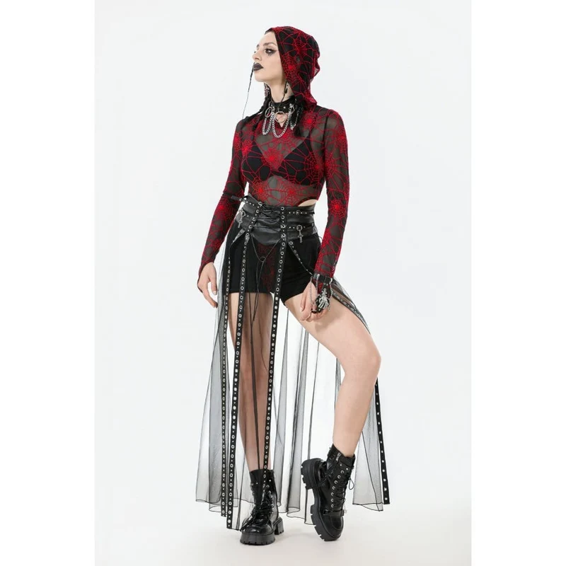 Punk-Maxirock mit hoher Taille und Trägern aus Kunstleder und transparentem Netzstoff für Damen