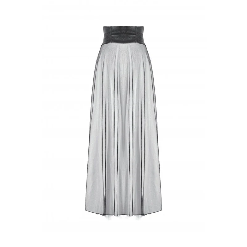 Punk-Maxirock mit hoher Taille und Trägern aus Kunstleder und transparentem Netzstoff für Damen