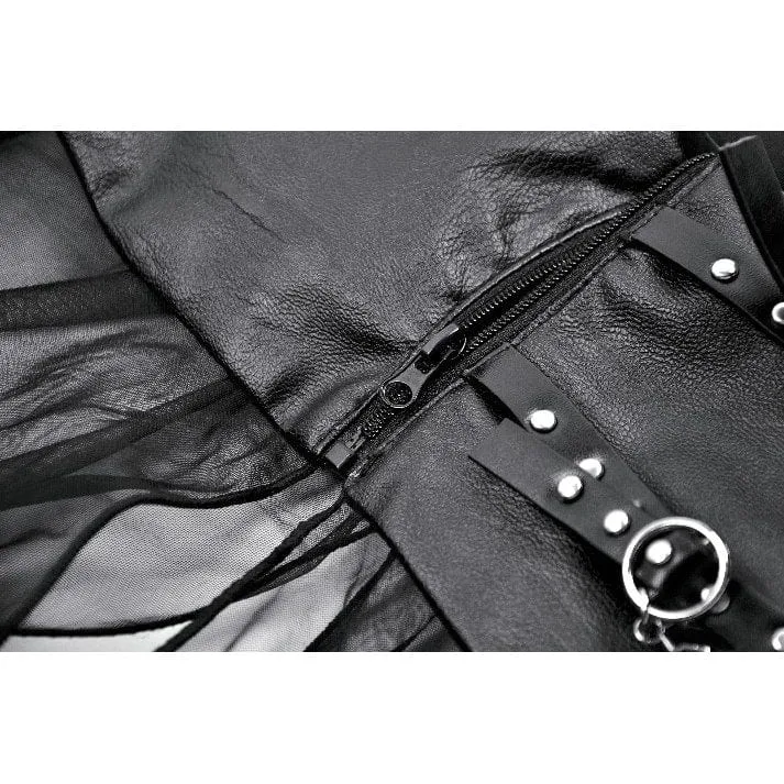 Punk-Maxirock mit hoher Taille und Trägern aus Kunstleder und transparentem Netzstoff für Damen