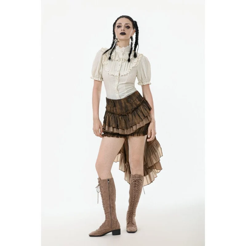 Steampunk-Kurzarmhemd mit Stehkragen und Rüschen für Damen