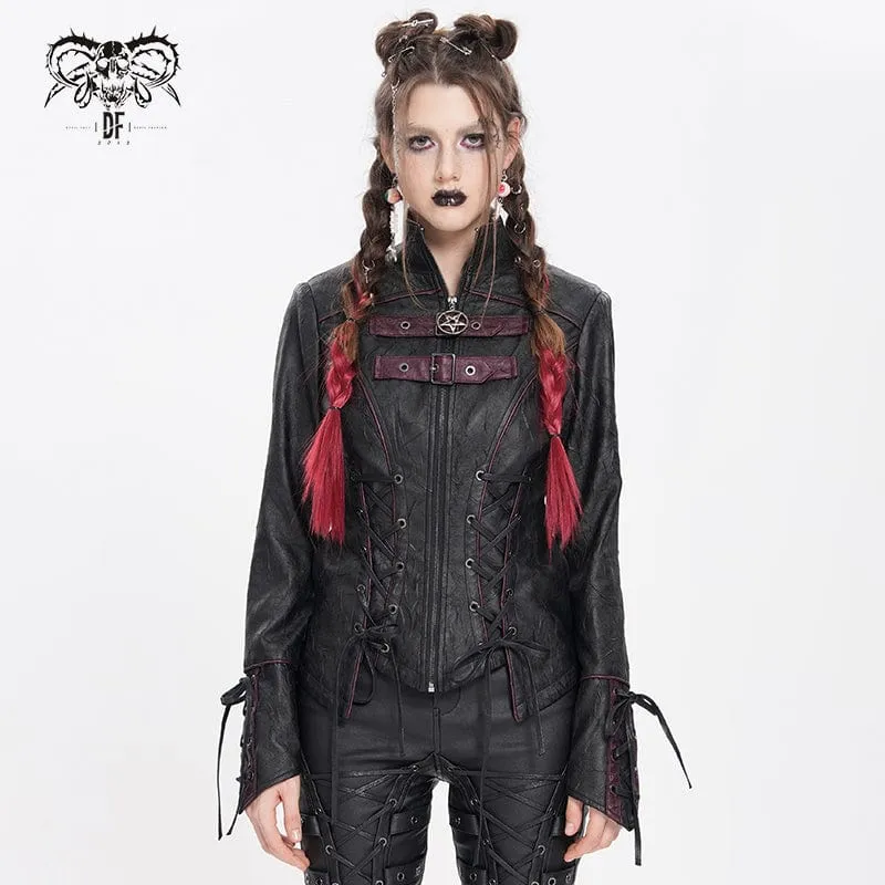 Damen Punk Pentagramm Schnalle Riemen Schnürjacke Schwarz