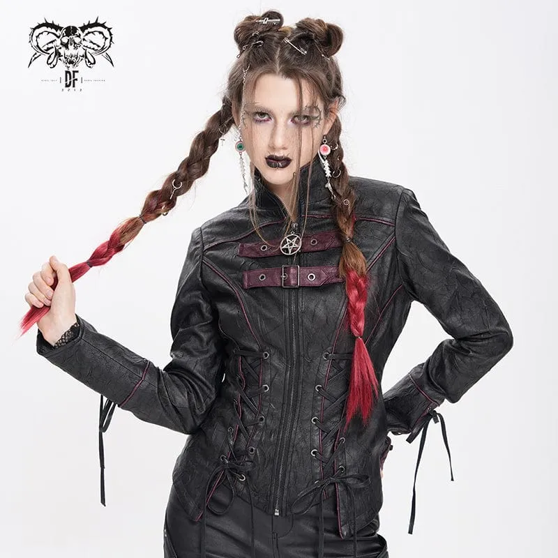 Damen Punk Pentagramm Schnalle Riemen Schnürjacke Schwarz
