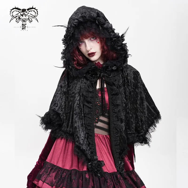 Gothic-Cape mit Kapuze und floralem Spitzensaum für Damen