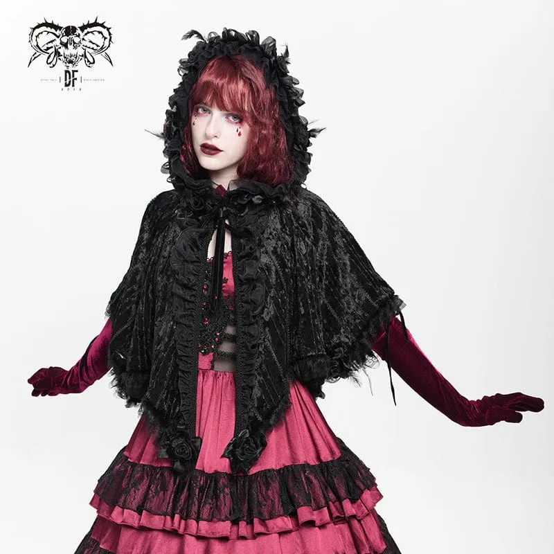Gothic-Cape mit Kapuze und floralem Spitzensaum für Damen