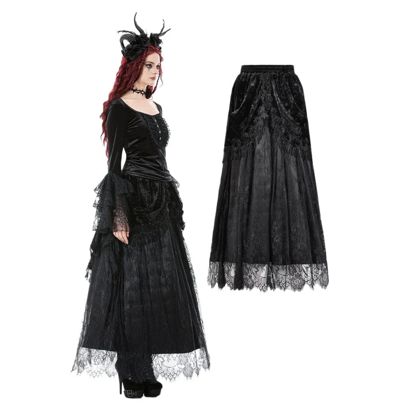 Damen Gothic Maxirock mit Spitze und Blumenquaste