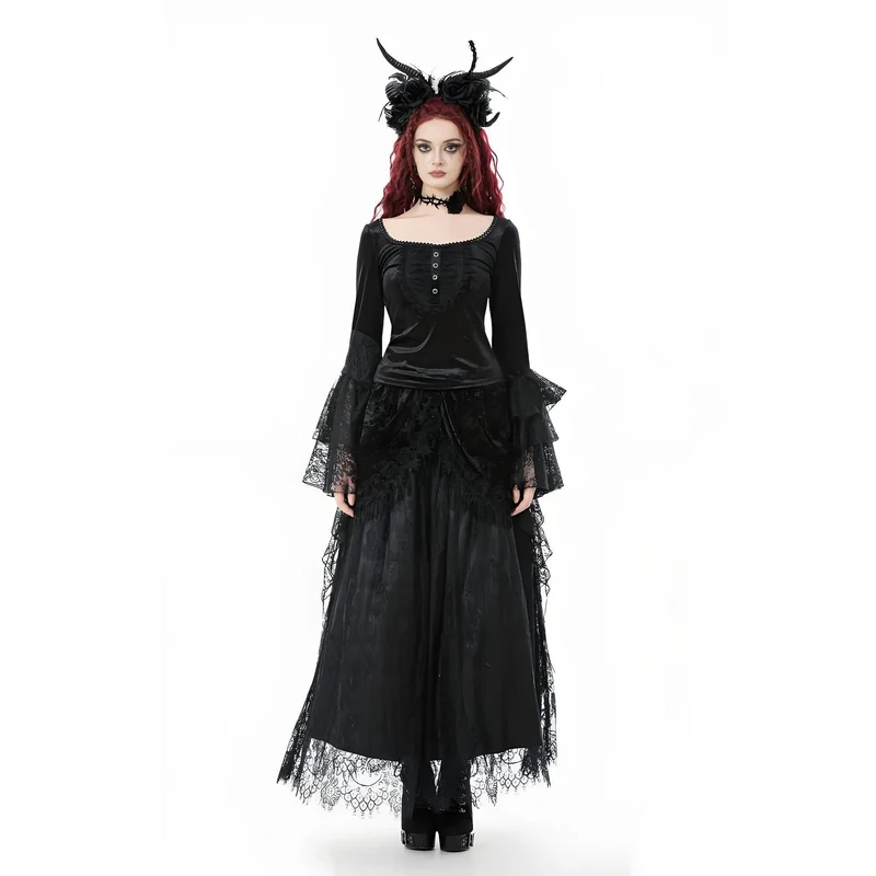 Damen Gothic Maxirock mit Spitze und Blumenquaste