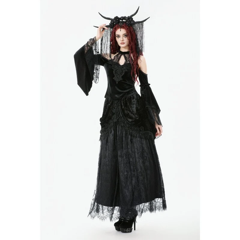 Damen Gothic Maxirock mit Spitze und Blumenquaste