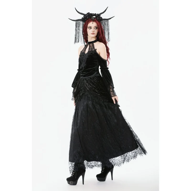 Damen Gothic Maxirock mit Spitze und Blumenquaste