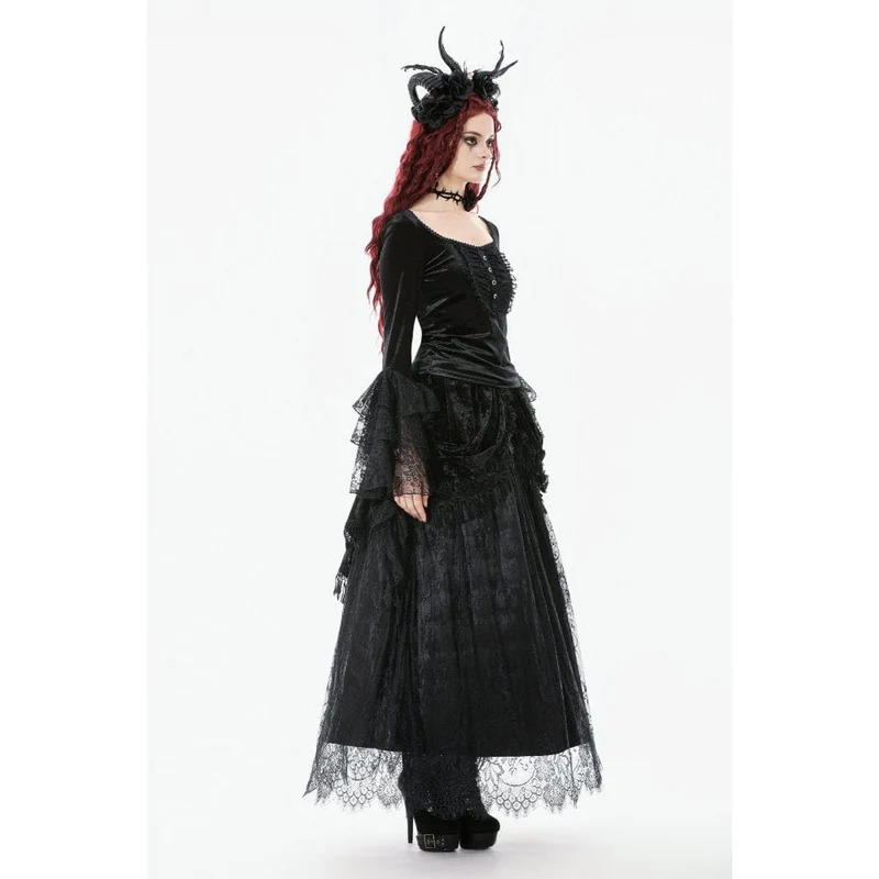 Damen Gothic Maxirock mit Spitze und Blumenquaste