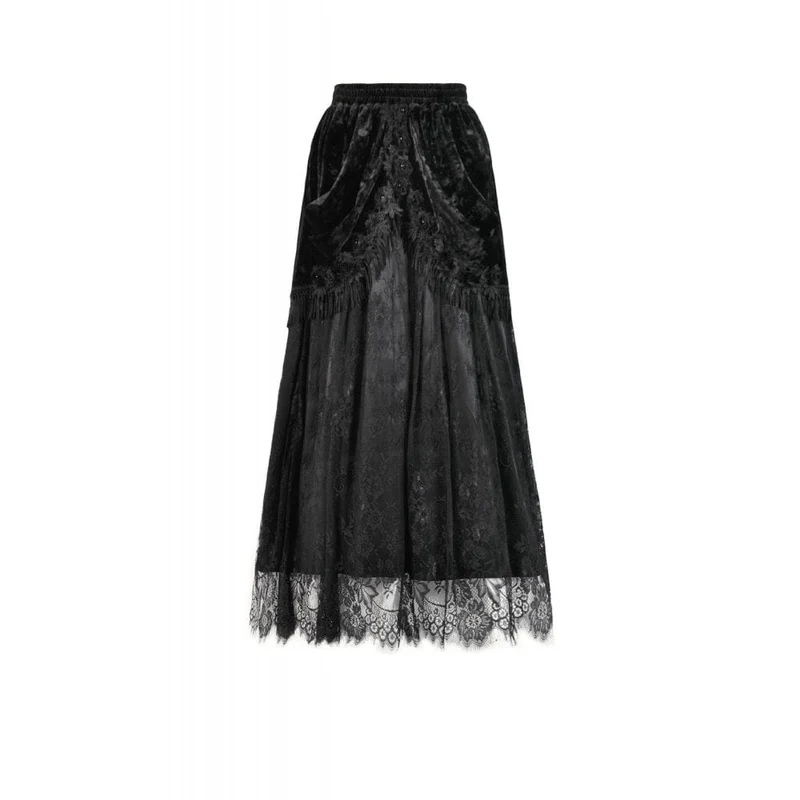 Damen Gothic Maxirock mit Spitze und Blumenquaste