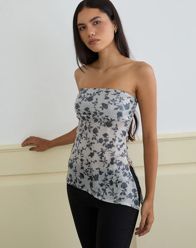 Brilia Bandeau-Top aus Paillettenblüten Grau