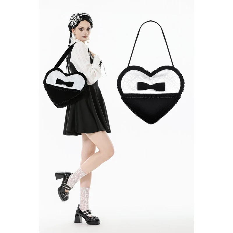 Gothic-Tasche mit Schleife und Herz in Schwarz und Weiß für Damen
