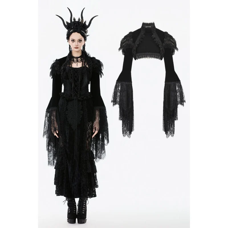 Gothic-Umhang mit Blumenmuster und Federn und ausgestellten Ärmeln für Damen