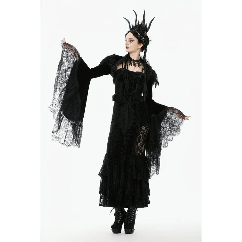 Gothic-Umhang mit Blumenmuster und Federn und ausgestellten Ärmeln für Damen