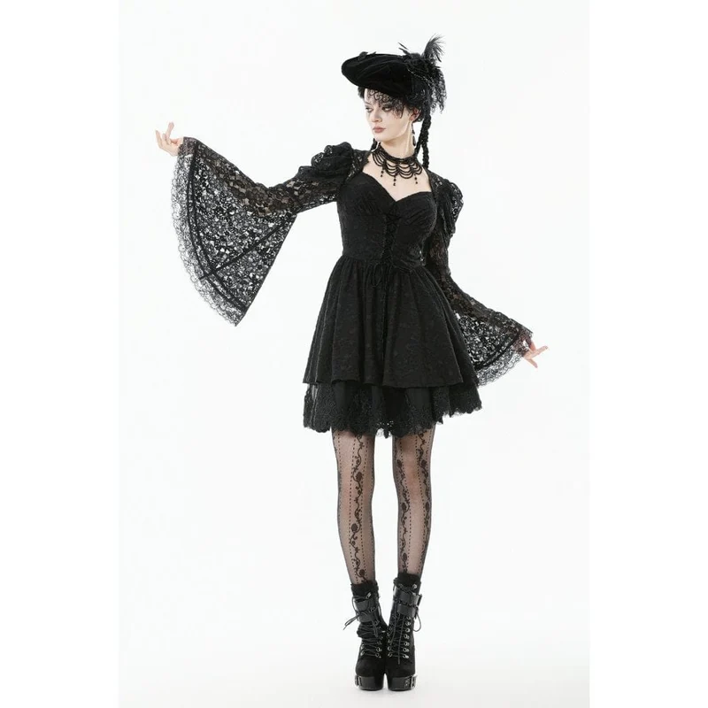 Gothic-Kleid mit Jacquard-Muster, floraler Spitze und Ärmeln für Damen, Abschlusskleid