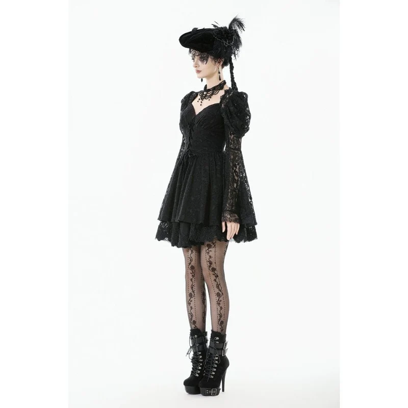 Gothic-Kleid mit Jacquard-Muster, floraler Spitze und Ärmeln für Damen, Abschlusskleid