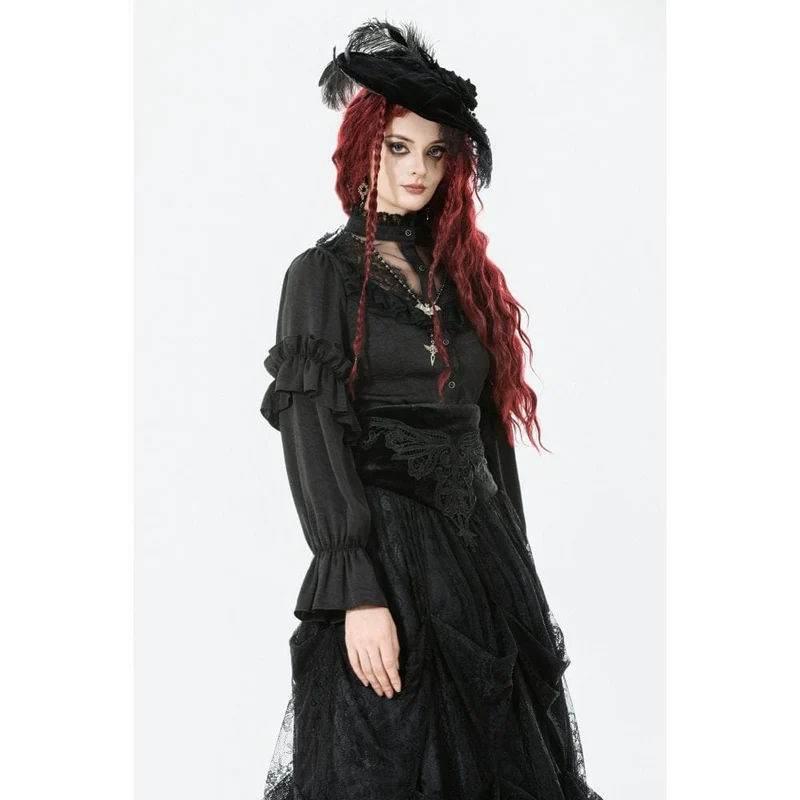 Durchsichtiges Gothic-Hemd mit Rüschen, Stehkragen und Laternenärmeln für Damen