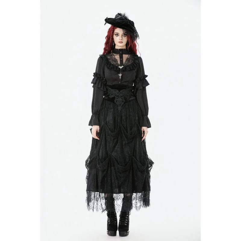 Durchsichtiges Gothic-Hemd mit Rüschen, Stehkragen und Laternenärmeln für Damen