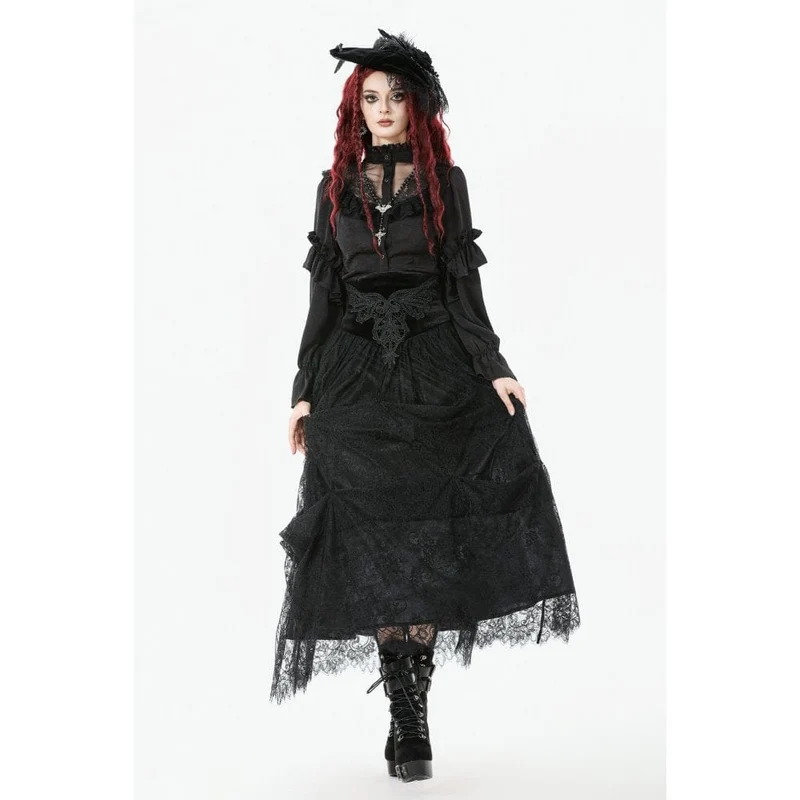 Durchsichtiges Gothic-Hemd mit Rüschen, Stehkragen und Laternenärmeln für Damen