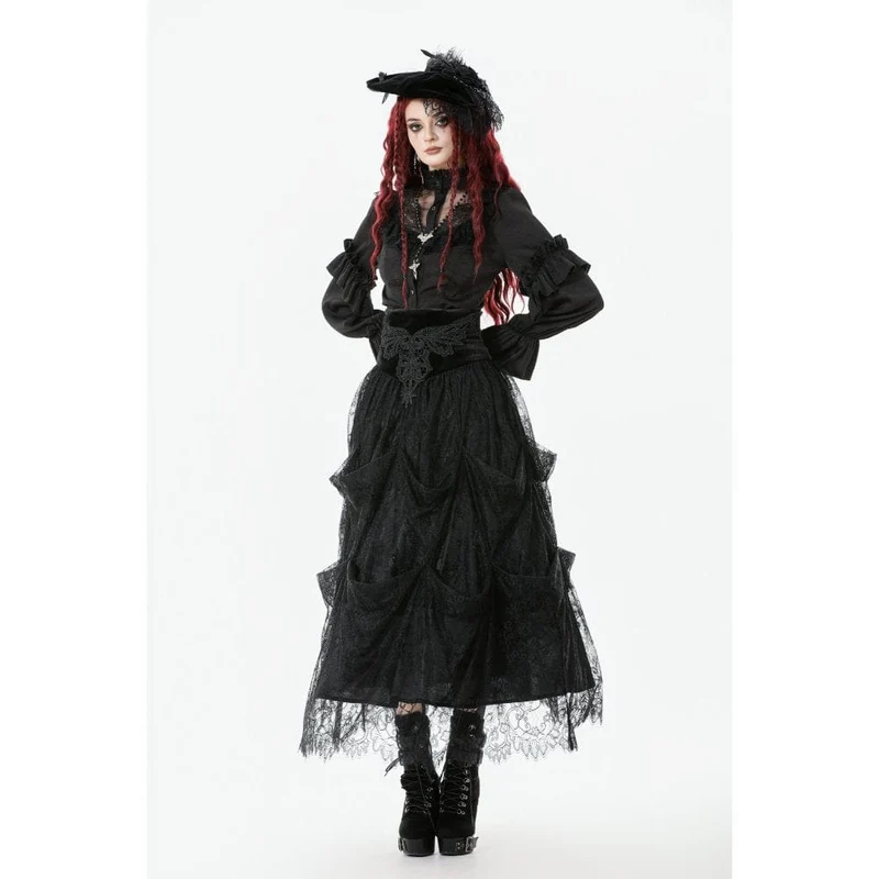 Durchsichtiges Gothic-Hemd mit Rüschen, Stehkragen und Laternenärmeln für Damen