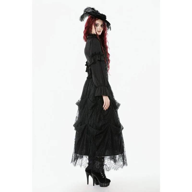 Durchsichtiges Gothic-Hemd mit Rüschen, Stehkragen und Laternenärmeln für Damen