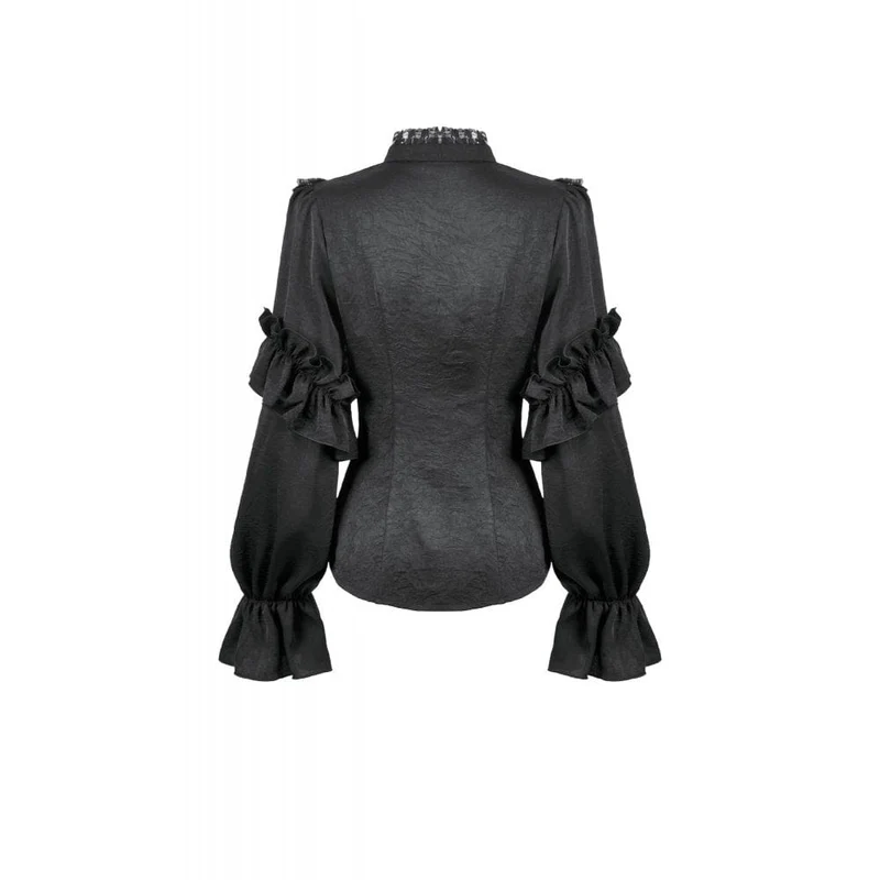 Durchsichtiges Gothic-Hemd mit Rüschen, Stehkragen und Laternenärmeln für Damen