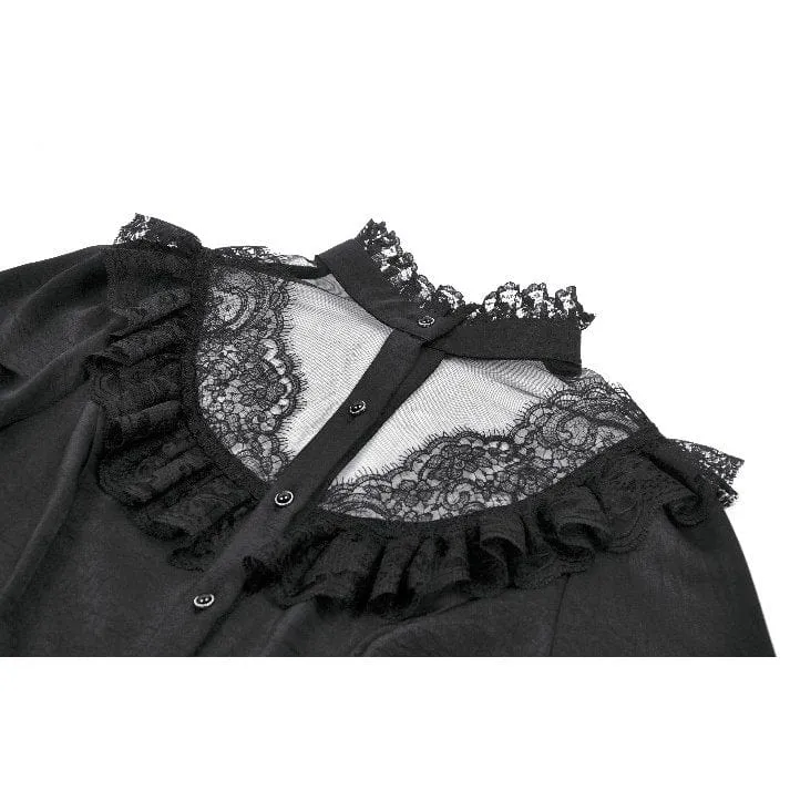 Durchsichtiges Gothic-Hemd mit Rüschen, Stehkragen und Laternenärmeln für Damen