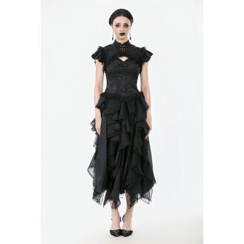 Gothic-Jacquard-Kurzarmhemd mit Cutout und Spitzenrüschen für Damen