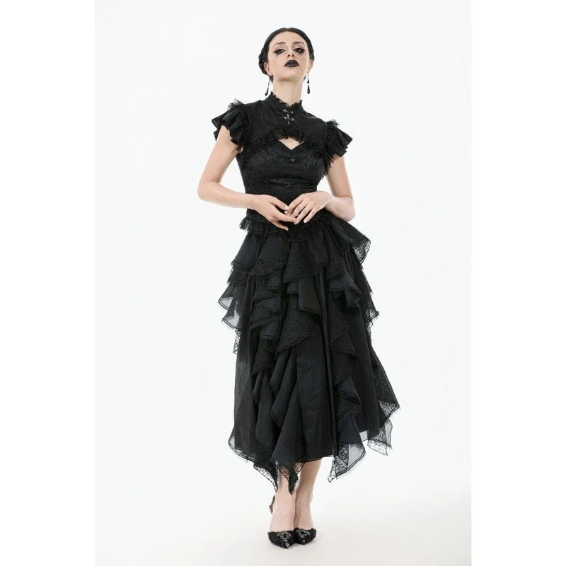 Gothic-Jacquard-Kurzarmhemd mit Cutout und Spitzenrüschen für Damen