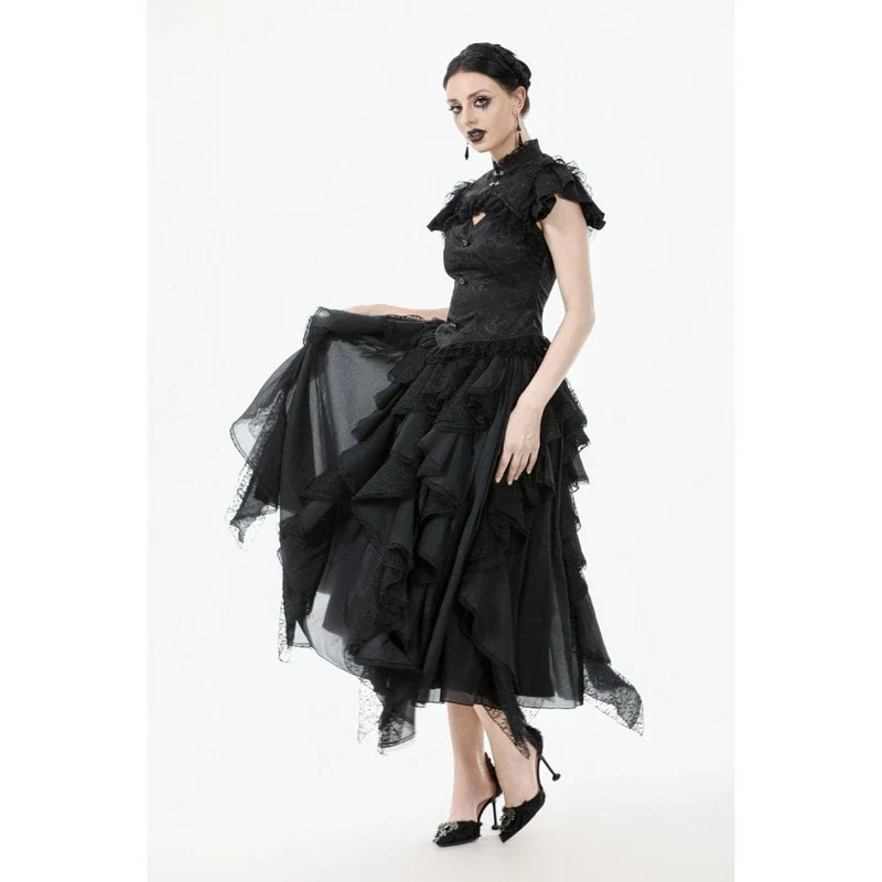Gothic-Jacquard-Kurzarmhemd mit Cutout und Spitzenrüschen für Damen