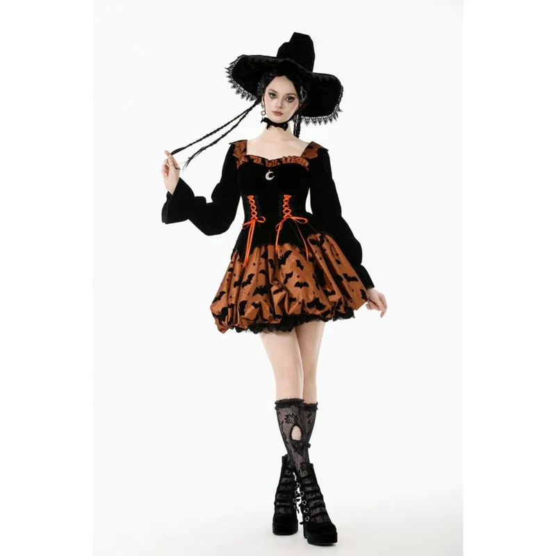 Damen Gothic Fledermaus bedrucktes Kürbis-Halloween-Kleid mit Schnürung