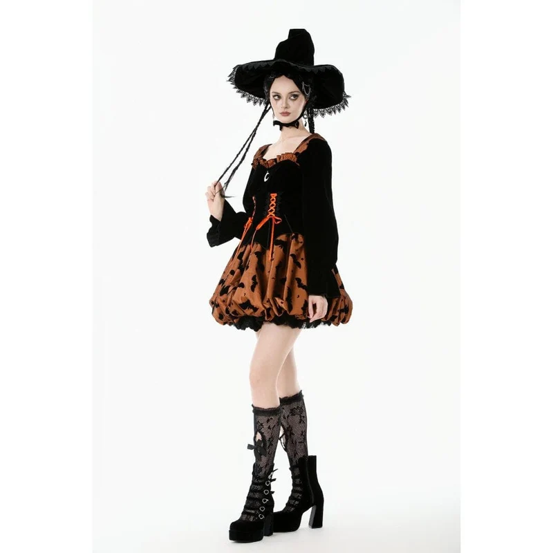 Damen Gothic Fledermaus bedrucktes Kürbis-Halloween-Kleid mit Schnürung