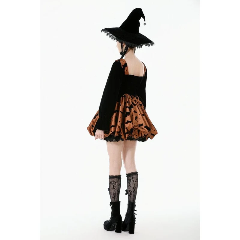 Damen Gothic Fledermaus bedrucktes Kürbis-Halloween-Kleid mit Schnürung