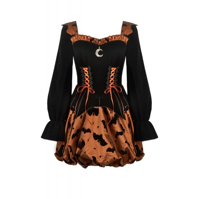 Damen Gothic Fledermaus bedrucktes Kürbis-Halloween-Kleid mit Schnürung