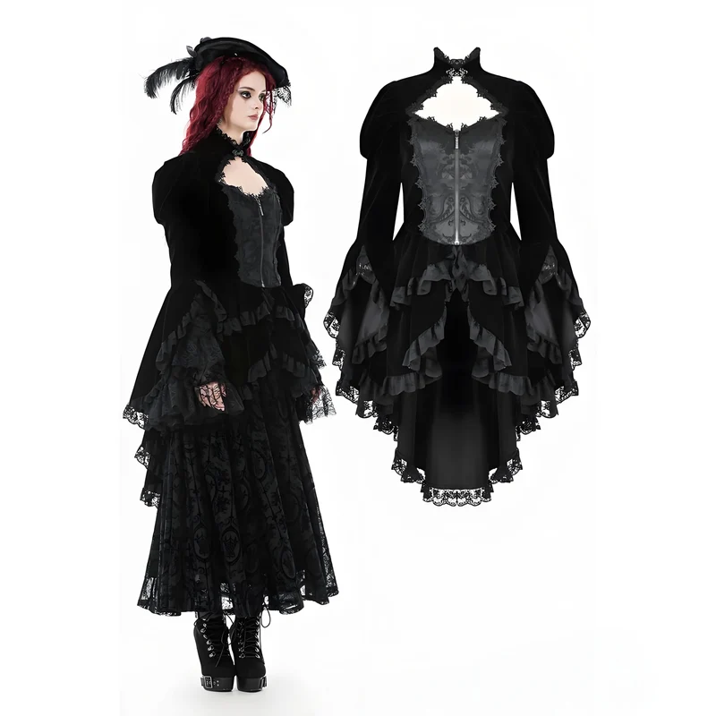 Gothic-Jacke für Damen mit Rüschen, Stufensaum, hohen und niedrigen Puffärmeln